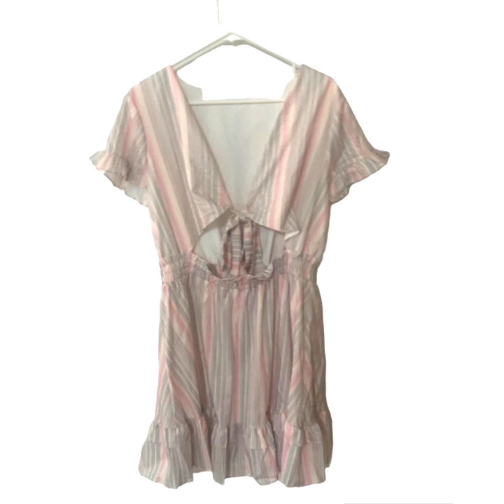 Front tie Stripped summer dress pink blue and cream color-must bundle